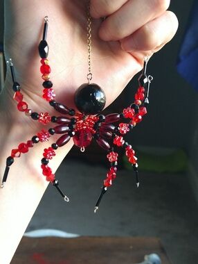 Hand Crafted • Red & Black Beaded Spider Pendant